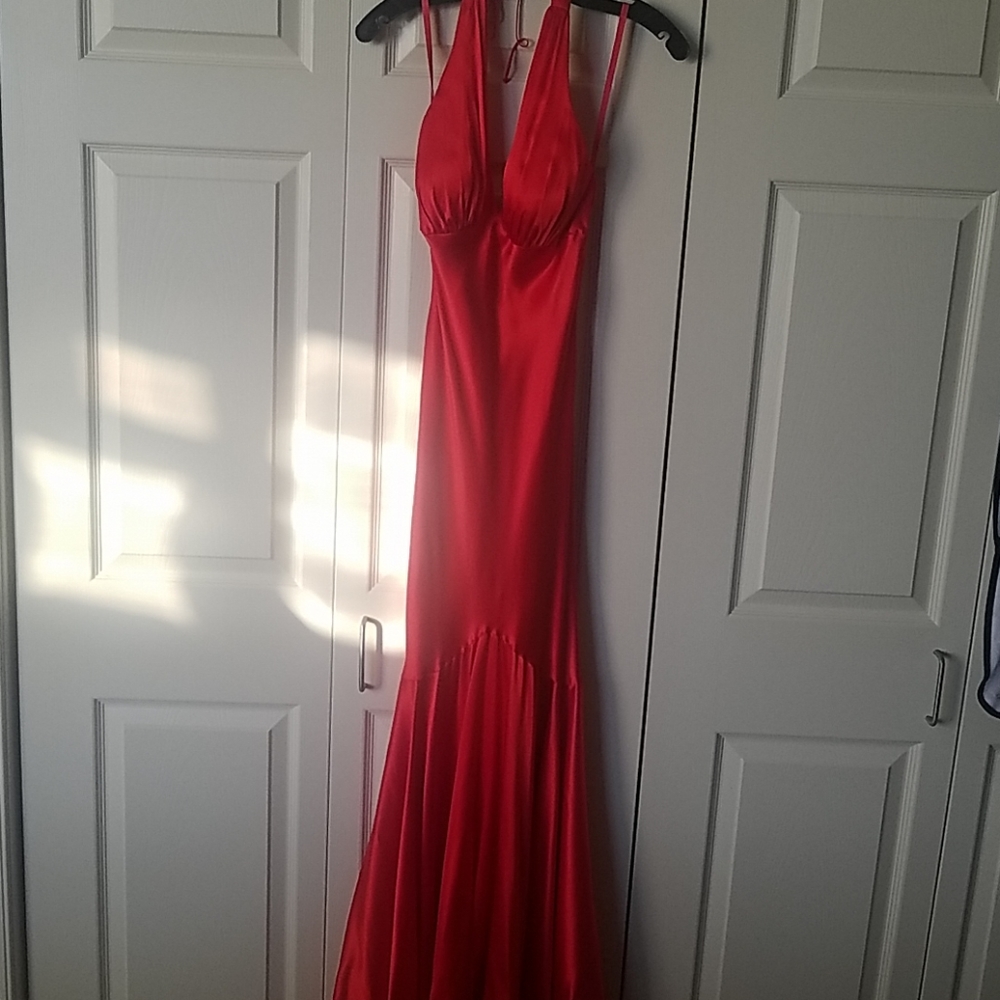Cache Red floor length halter, open back gown